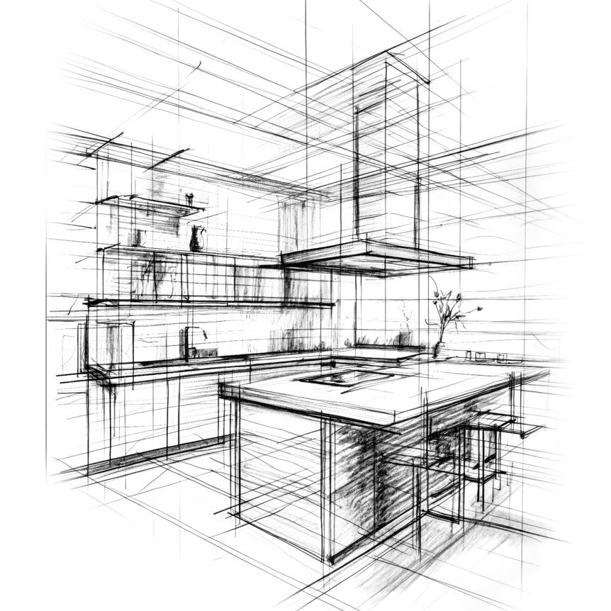 Náčrt moderného kuchynského dizajnu s ostrovným pultom a policami vygenerovaný ai.