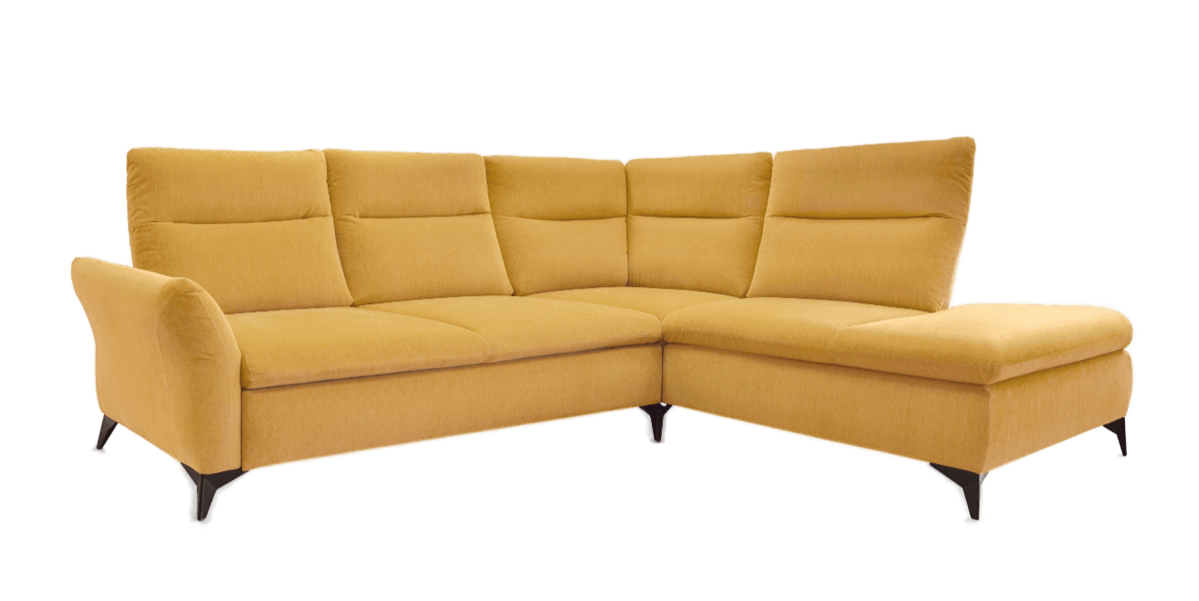 Variabilná rohová sedačka v horčicovej farbe – moderný dizajn a komfort Horčicovo žltá rohová sedačka od výrobcu monset s vysokým operadlom a čiernymi nohami